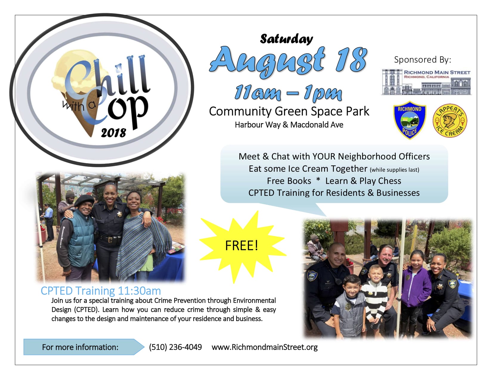 Flyer for Chill with a Cop 2018: August 18, 11am - 1pm, Harbour Way & Macdonald Avenue. Free event.