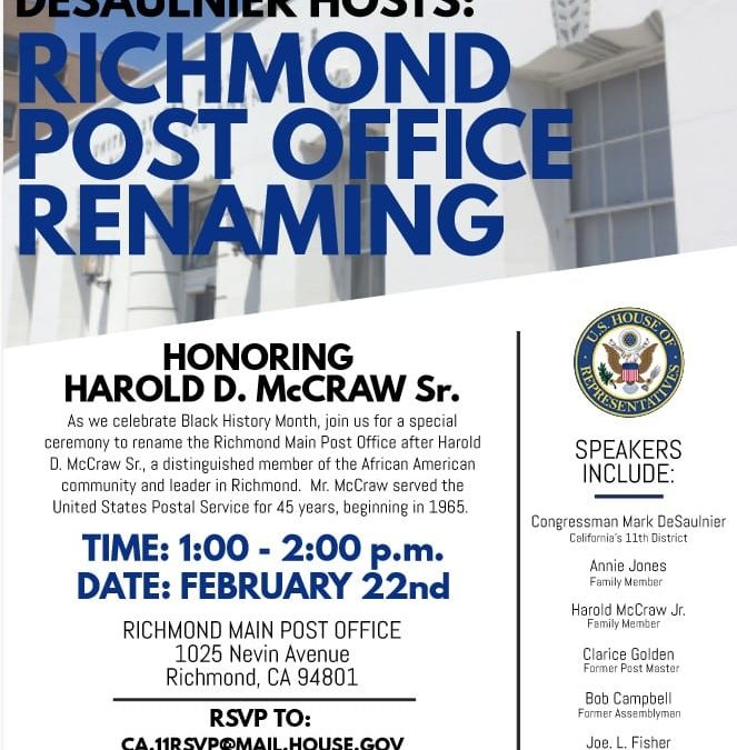 Richmond Main Post Office Renaming Ceremony Set for February 22