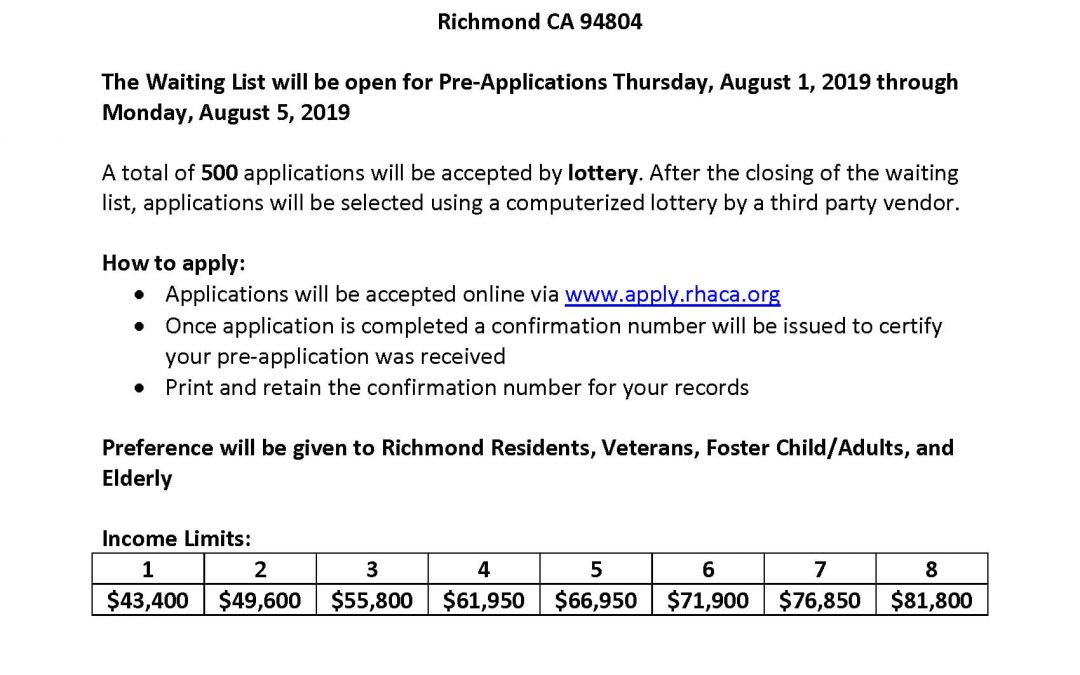 City of Richmond Announcement: Nevin Plaza Waiting List Opening August 1