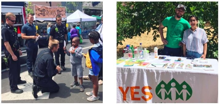 2 photos from Healthy Village Festival 2019: Young boy chatting with Richmond Fire Fighters (left) and YES Nature to Neighborhoods staff at their info booth (right)